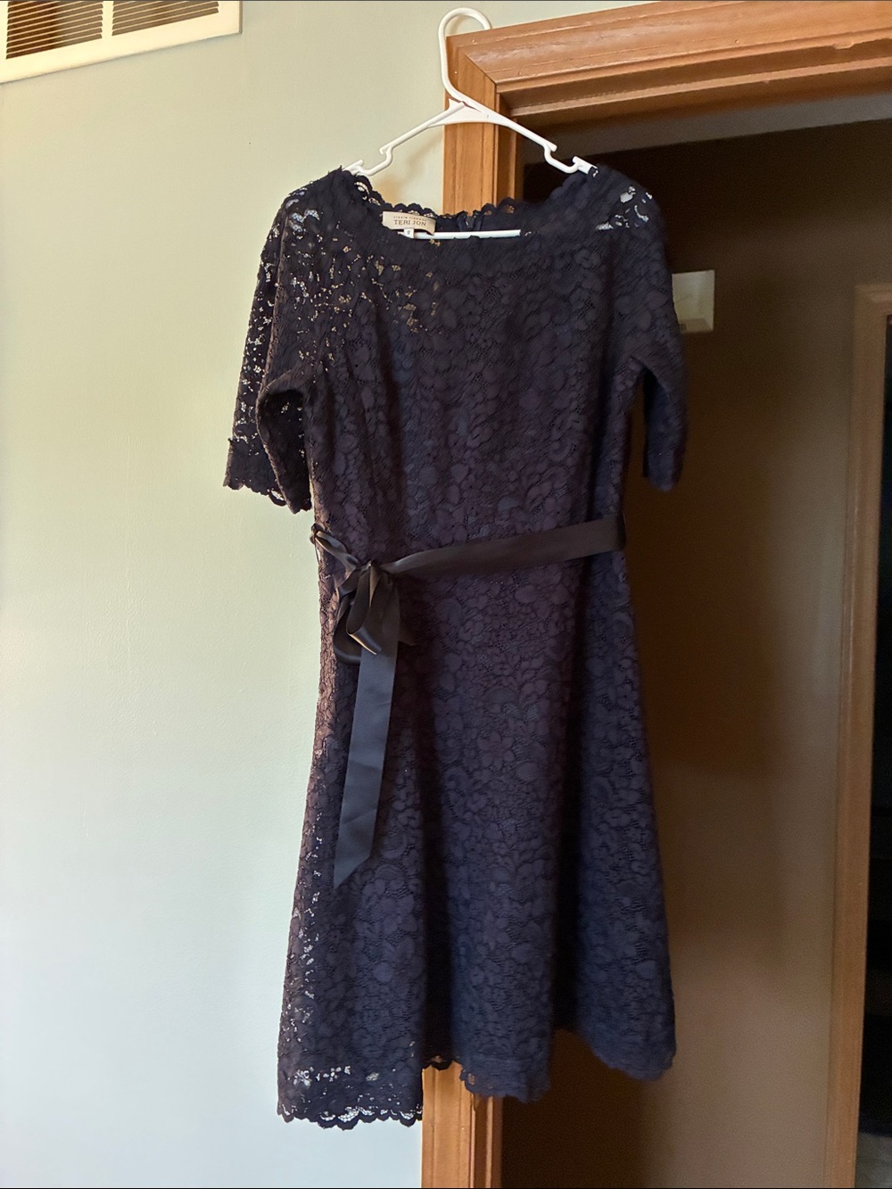 Teri Jon Black Lace Midi Dress with Satin Ribbon